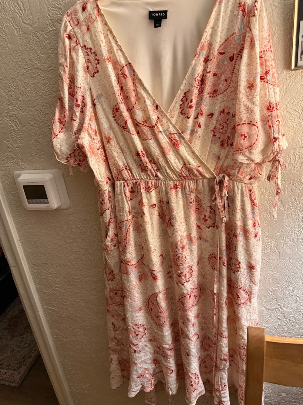torrid Cream Dress with Pink Paisley Print, Wrap V-Neck
